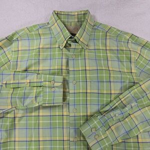Cabelas Oufitters Button Shirt Mens L Lime Green Plaid Casual Classic Pockets